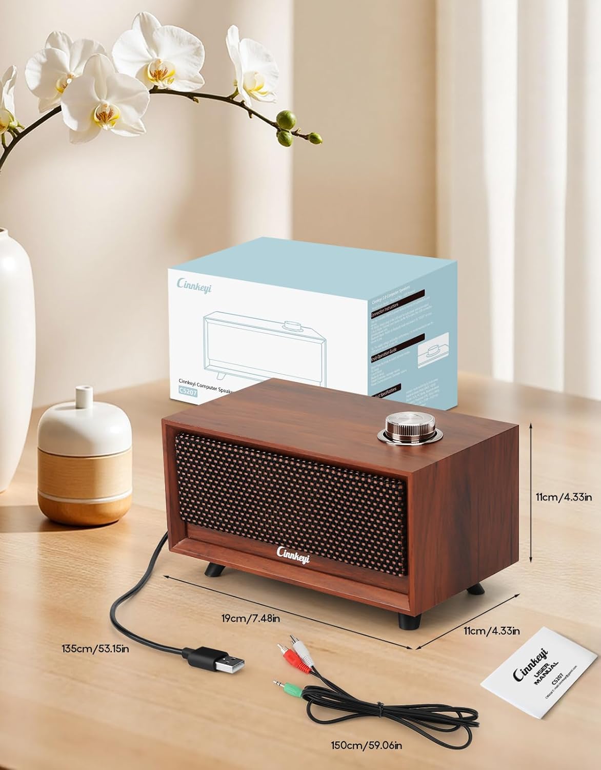 cinnkeyi 3 3.5mm/USB Wooden PC Soundbar Computer Speakers PC Speakers USB Powered | PC| Line-In | Bluetooth Modes
