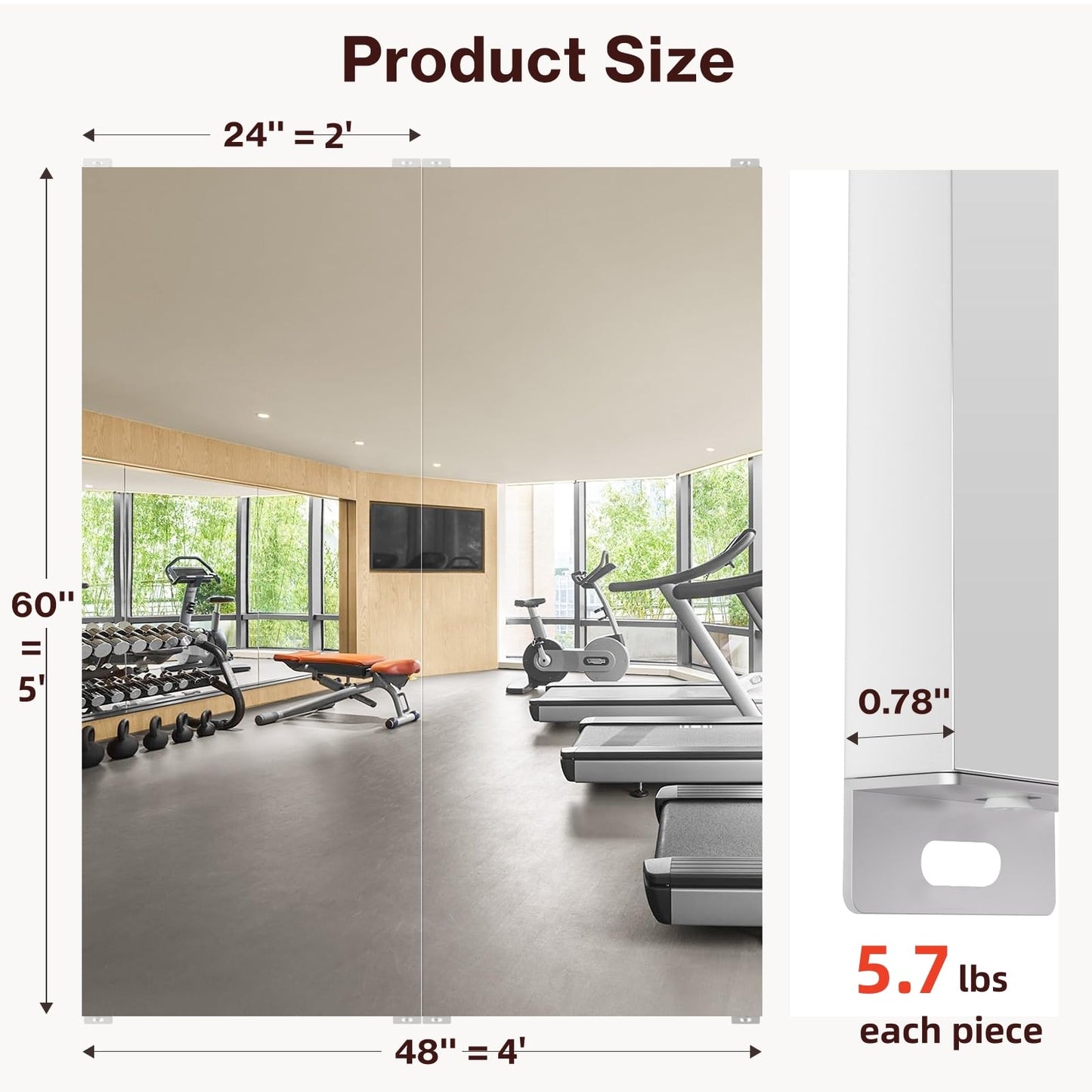 BRIVUE Gym Mirror - 60" x 48" (2PCS of 60" x 24") Frameless Wall Mirrors, Easy Installation Unbreakable Non-Glass Nanomirror, Ideal for Dance, Yoga, Workout, Home Gym, Rehearse, Pilates, Kids Room