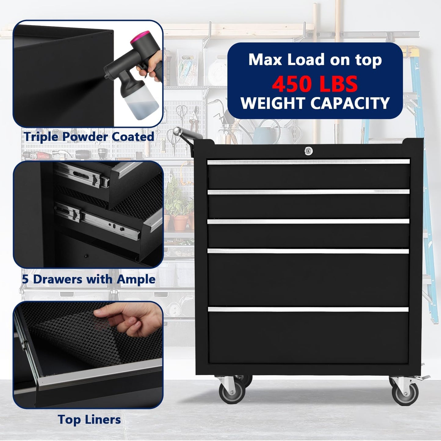 SierraSquad Rolling Tool Chest with Wheels, 5-Drawer Tool Storage Cabinet, Portable Tool Box Organizer with Locking System & Drawer Liners, Tool Cart for Garage Workshop, Black