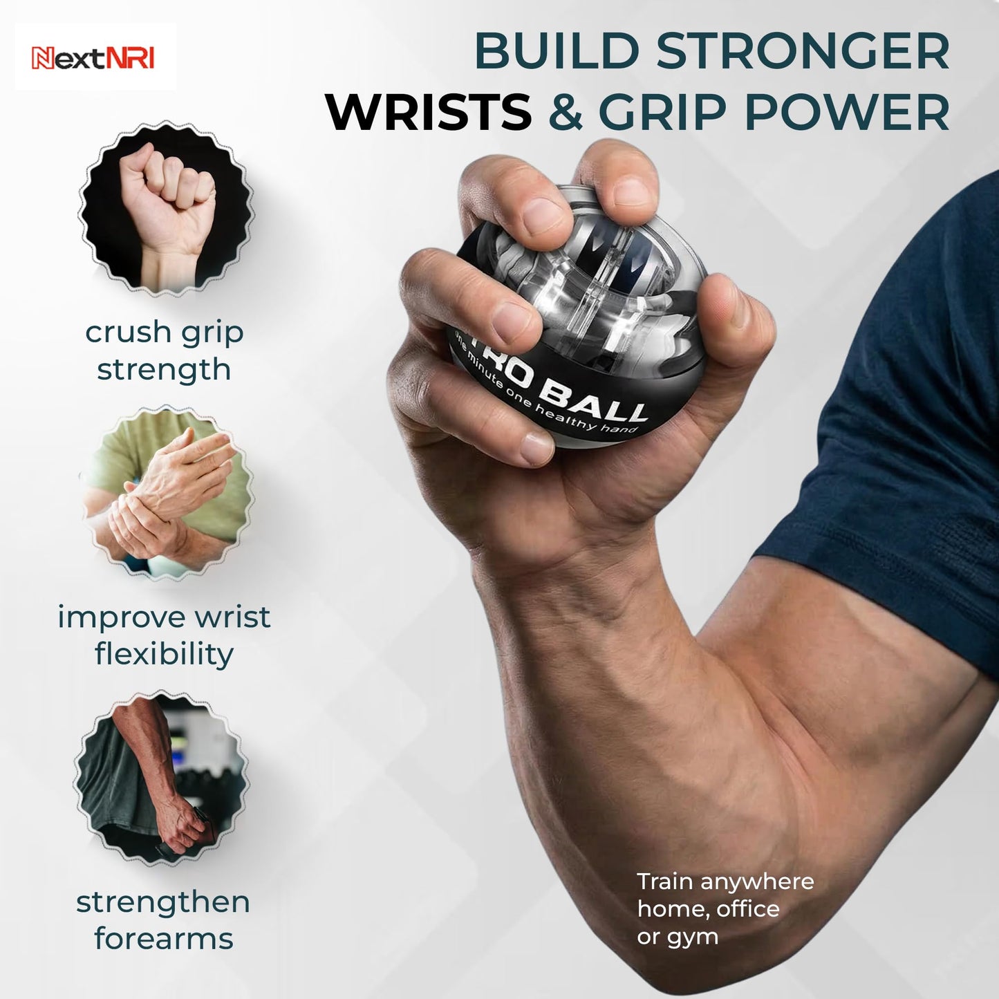 Torque Ball Wrist Trainer, Gyro Ball Hand Exerciser 20,000–30,000 RPM, Adjustable 15–77 lbs Resistance, Forearm Strengthener for Grip, Wrist & Arm Training, Wrist Strengthener Portable Fitness Ball with Strap