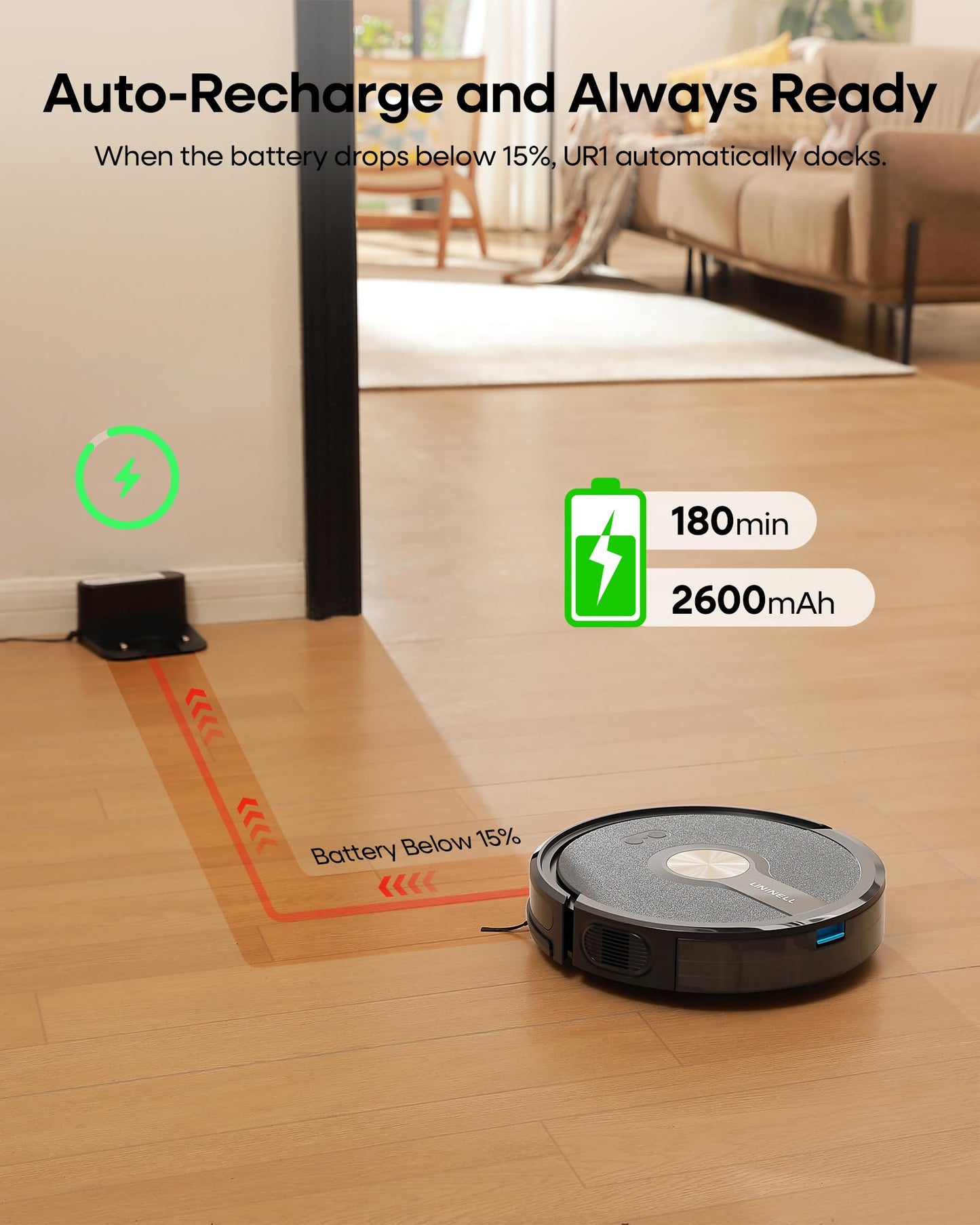 uninell Robot Vacuum and Mop Combo,5000Pa Robotic Vacuum Cleaner,180mins Runtime Vacuum Robot with App/Remote/Alexa Control, Ideal for Hard Floor/Carpet/Pet Hair, Self-Charge,Schedule Clean(UR1)