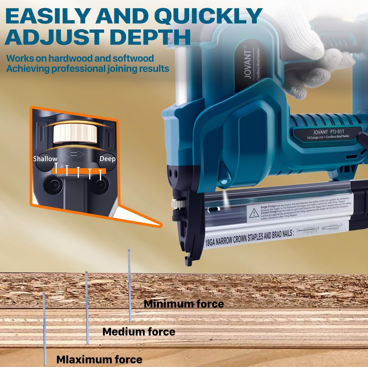 Brad Nailer Electric, 18 Gauge Brad Nail Gun, 2-in-1 Brad Nailer with 800pcs Nails&Staples, Nail Gun with 2×2.0Ah Batteries, for Woodworking, Home Improvement JOVANT