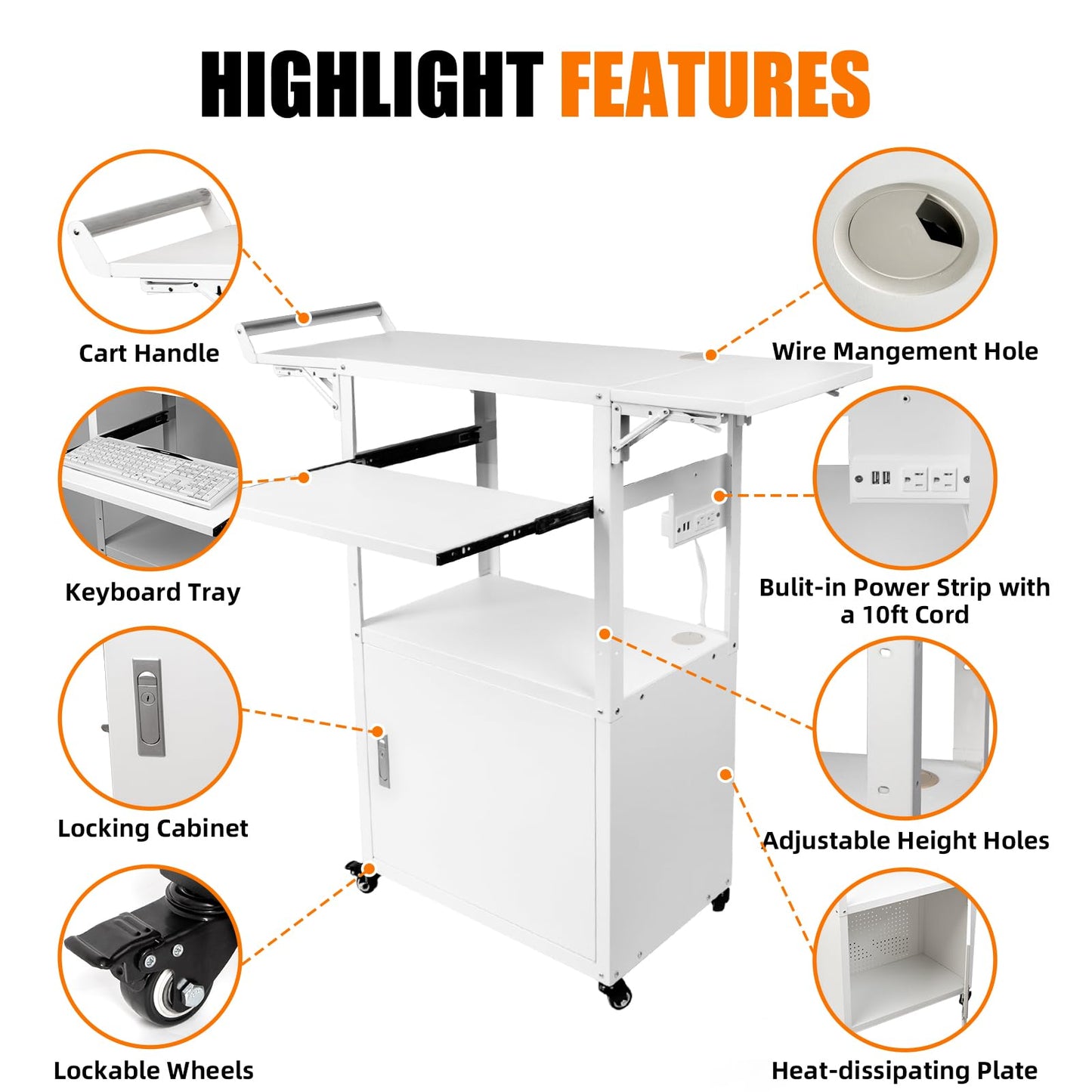 Large Steel AV Cart with Wheels and Drop Leaves, Height Adjustable AV Cart with Locking Cabinet and Power Strips, Rolling Computer Workstation with Pullout Keyboard Tray for Office & Classroom