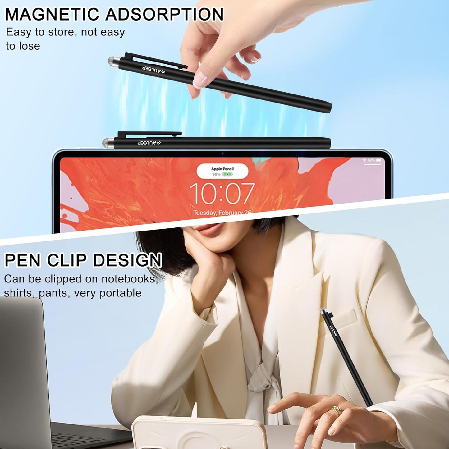 AULEEP 2-in-1 (2 Stylus (Fiber & Disc Tip) Stylus Pens for Touch Screen, High Sensitivity & Precision Capacitive Stylus