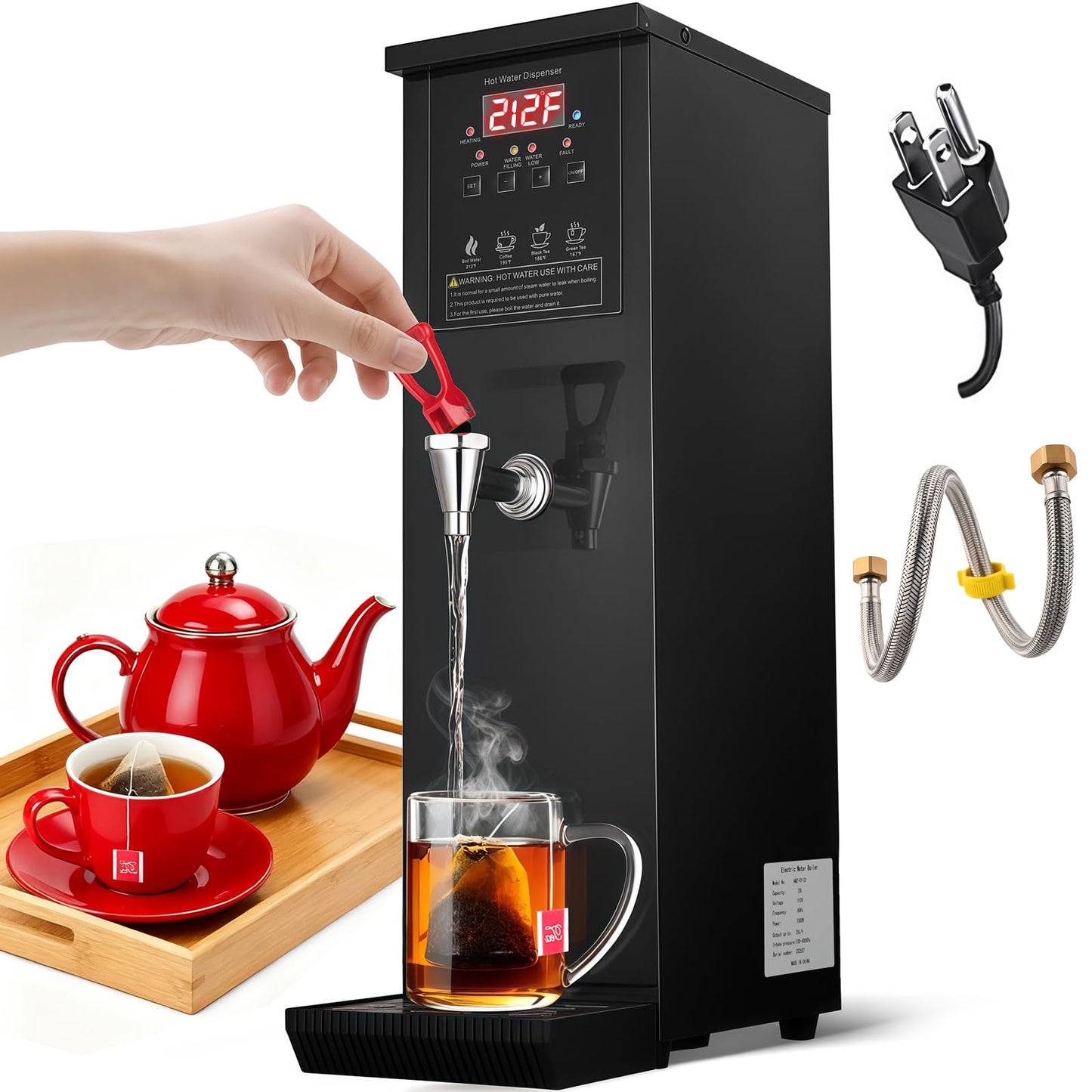 Commercial Hot Water Dispenser 30L/Hour Hot Water Boiler Countertop Auto-filling Water Hot Water Machine Step-heating 104-212°F Adjustable for Boba Tea Office Restaurant Hotel Black 1500W