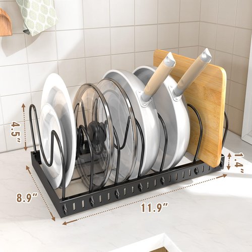 2PACK Pot Lid Organizers Inside Cabinet for Kitchen, Pots and Pans Organizer Under Cabinet with 16 Adjustable Dividers, Countertop Lid Holder, Rust-Resistant, Tool-Free Installation, Easy to Clean