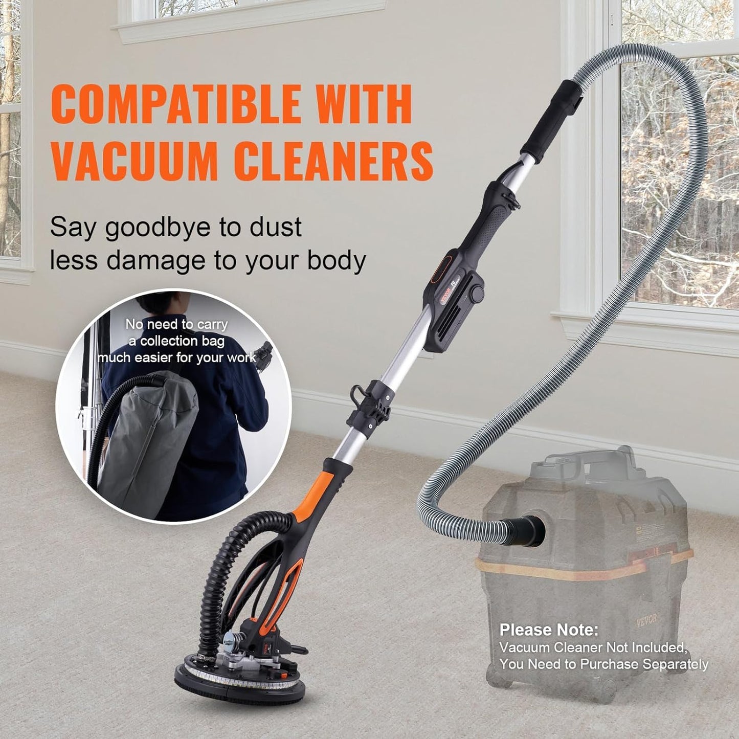 VEVOR Drywall Sander, 800W Brushless Motor Electric Sander, Variable Speed 1000-2300 RPM, Foldable Ceiling Sander with Double-Deck LED Lights, Extendable Handle, 12 Sanding Discs