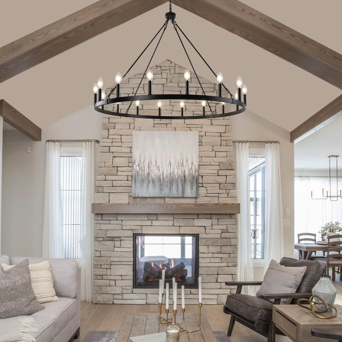 LynPon Black Wagon Wheel Chandelier 47 Inch, 16 Lights Modern Farmhouse Chandeliers, Rustic Large High Ceiling Round Chandelier, Industrial Hanging Light Fixture for Living Room Dining Room Foyer