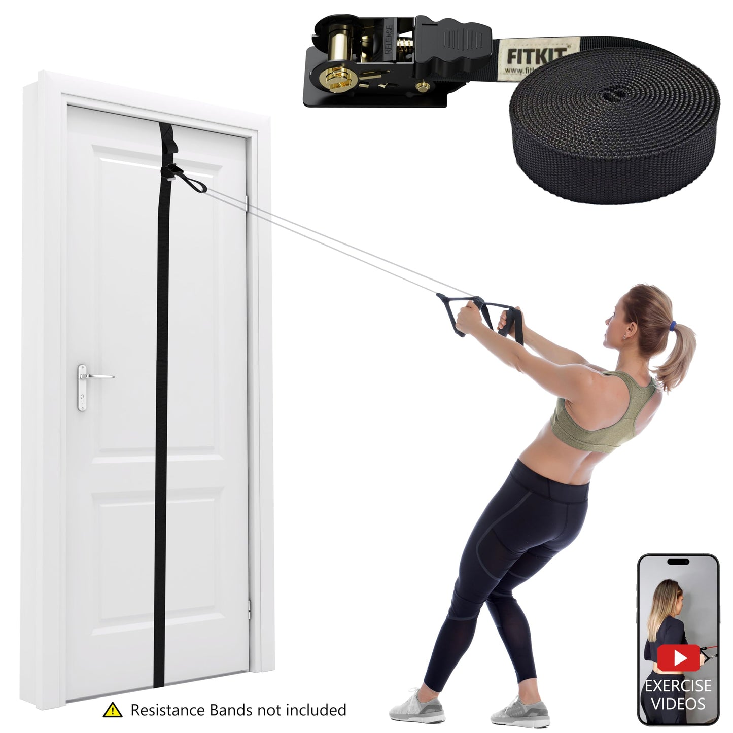 FITKIT Door Sliding Anchor for Resistance Bands, Adjustable Mount with Multi-Points for Home Gym, Fits 6-8ft Doors