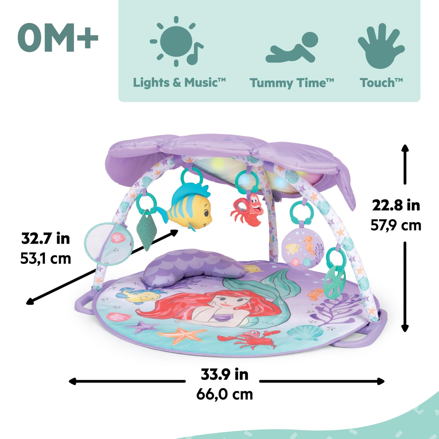 Bright Starts Disney Baby The Little Mermaid Twinkle Trove Light-Up Musical Baby Activity Gym with Tummy Time Pillow, Newborn+