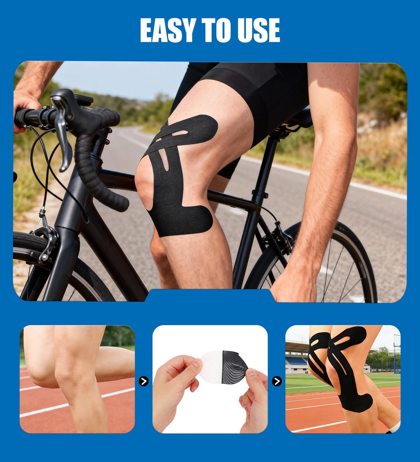 Precut Kinesiology Tape for Knees, 12 Pcs Individual Packeaged - Knee Support & Stability, Pain Relief Athletic Tape - Waterproof & Elastic, Breathable Hypoallergenic Latex-Free Tape (Black)