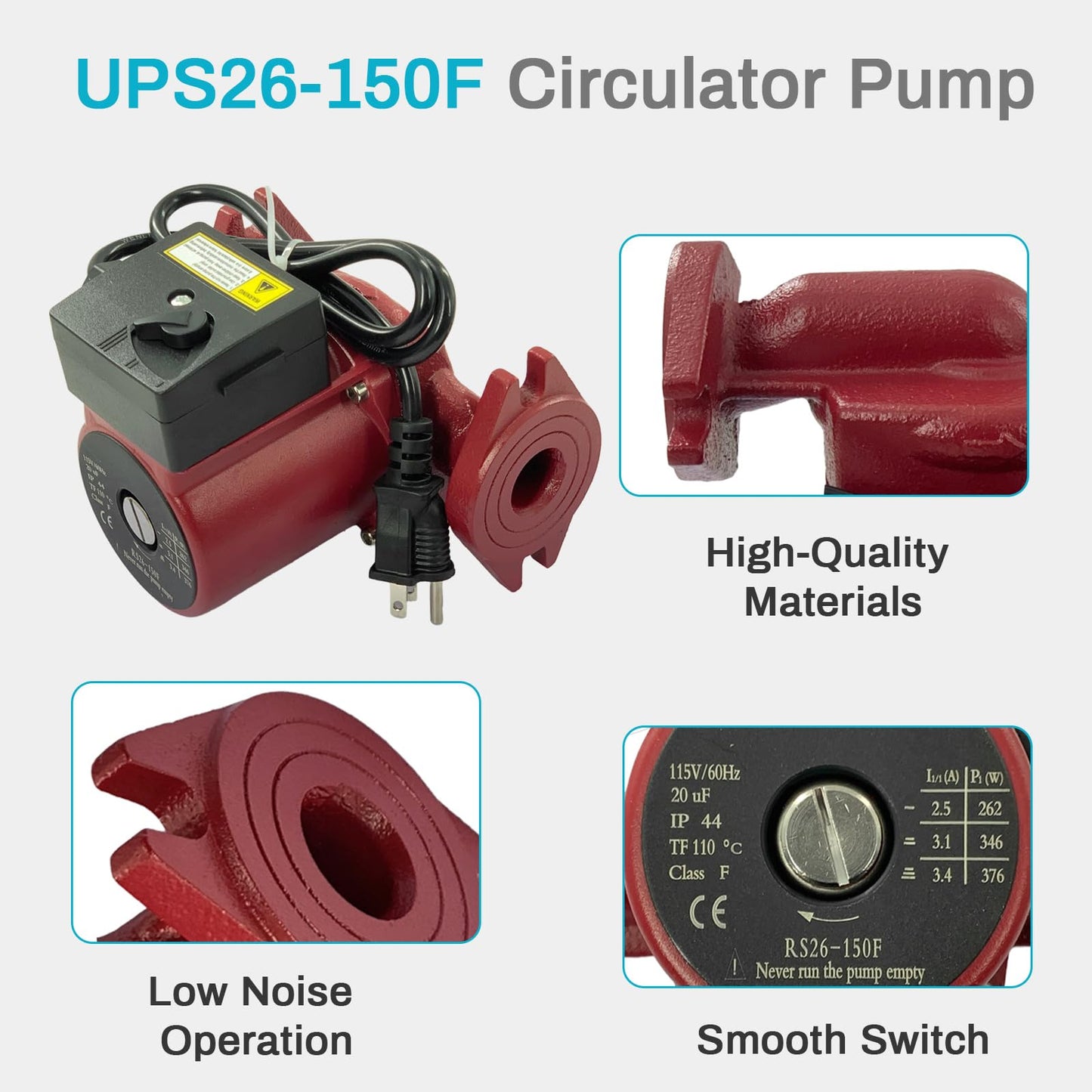 UPS26-150F Hot Water Circulator Pump Compatible with Grundfos 95906630 Cast Iron Circulator Pump 1/3 HP 115V 145 PSI 3-Speed 2-Bolt Flange For Heating Cooling Solar and Other System