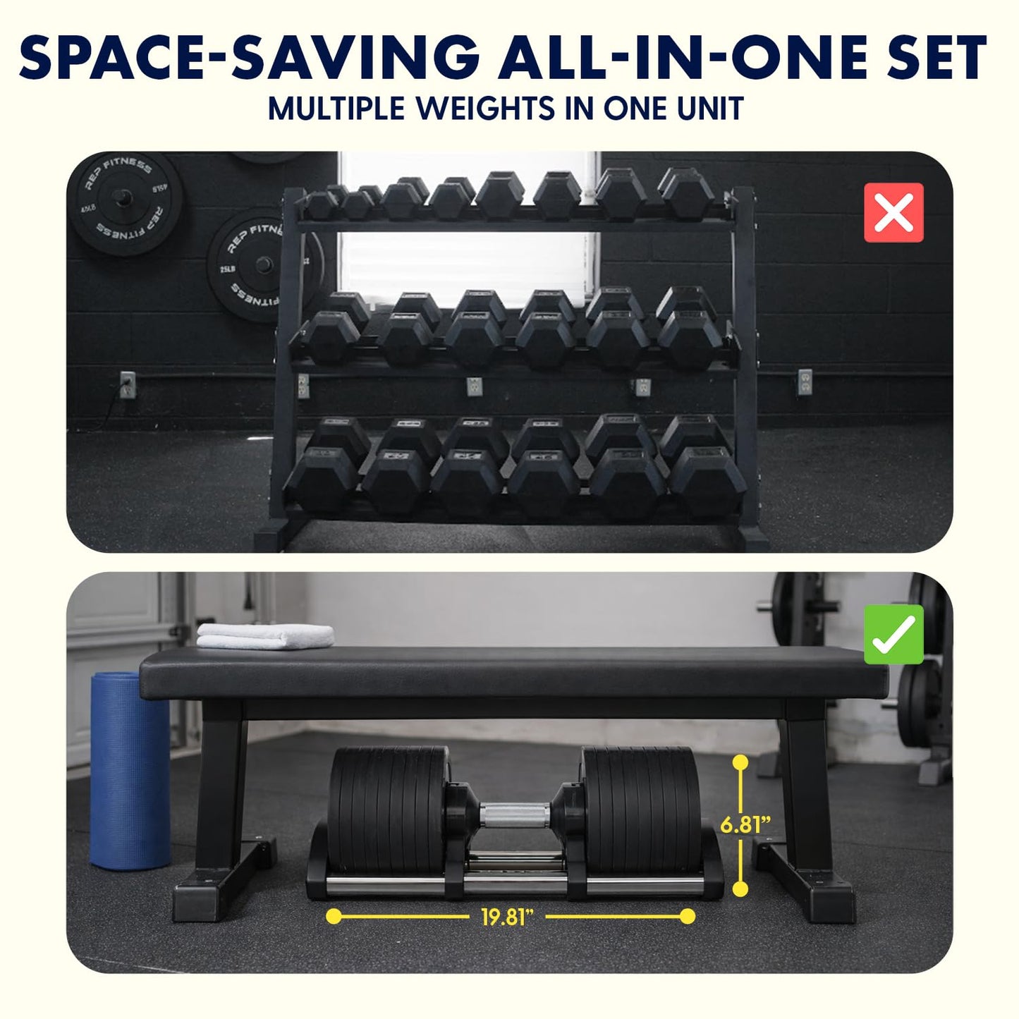 SQUATZ 70lb Adjustable Dumbbell 9 in 1 Weight Options, Fitness Equipment with Anti-Slip Metal Handle, Quick Change Weight Adjustment with Twist Lock Technology, for Full Body Workout and Weightlifting