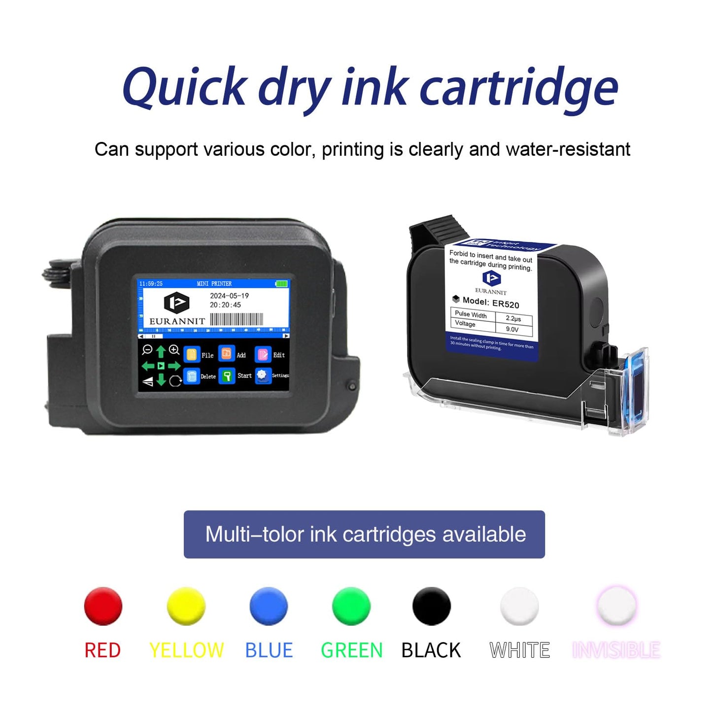 Eurannit XMINI Handheld Inkjet Printer, Portable Mini Inkjet Coding Machine 0.5 inch Nozzle with ER520 Fast Drying Ink Cartridge, for Text Date Barcode Batch Number Image Logo on Any Surface