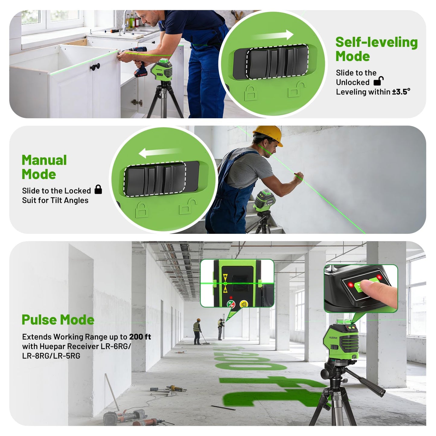 Laser Level with Tripod 60 Inch, Huepar Self Leveling Laser Level with 2 Plumb Dots -Green Cross Line Laser Leveler Tool with 360° Horizontal and 140° Vertical Line for Construction & Home Use 621CGT