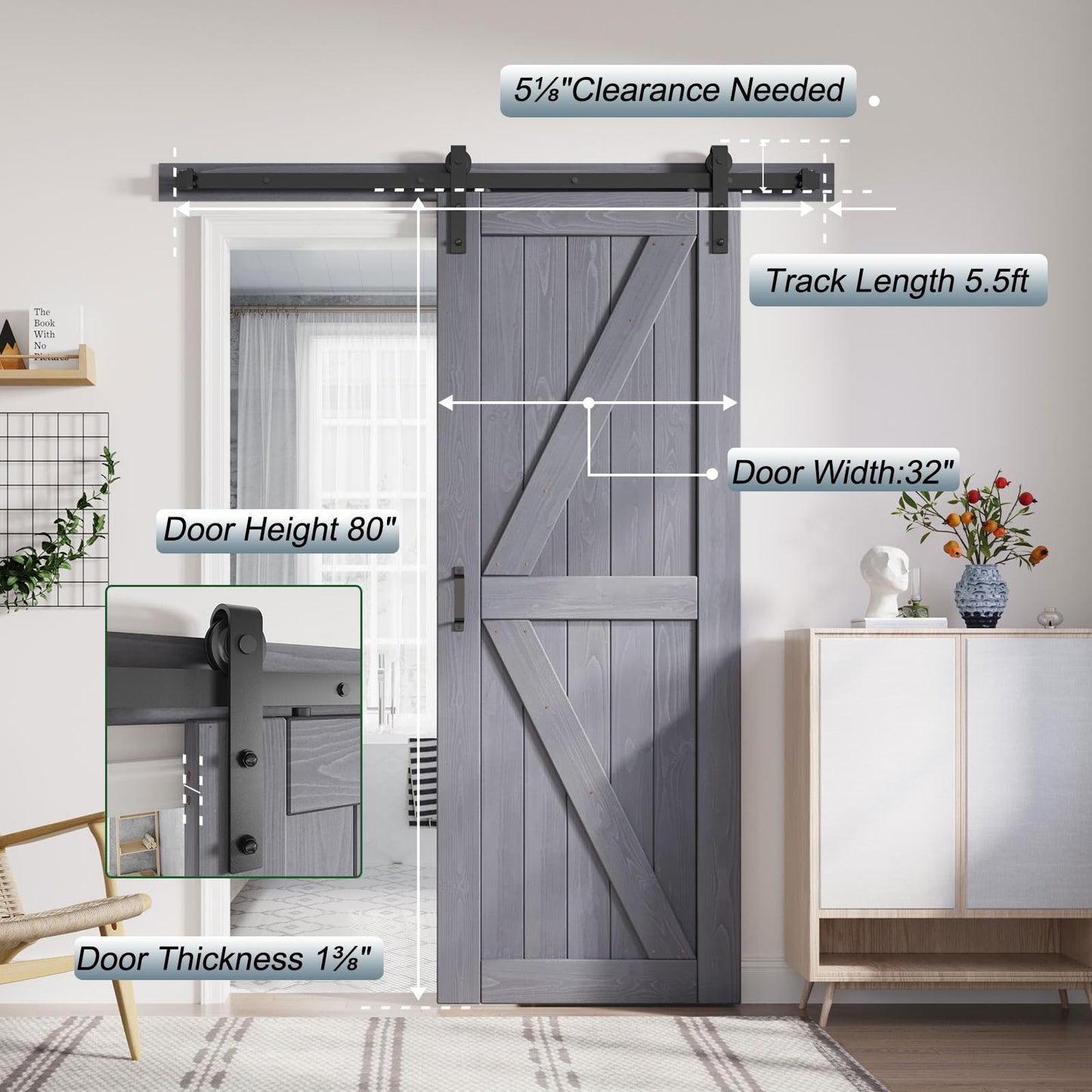 FREDBECK 32in x 80in Gray Wood Barn Door Slab with 5.5ft (66inch) Barn Door Hardware Track Kit Included, Double Surfaces,Simple Assembly is Required,K-Frame,Grey