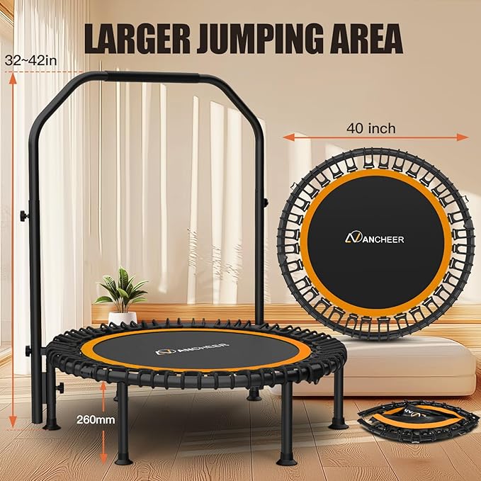 Bungee Rebounder Trampoline,ANCHEER 40" Foldable Fitness Trampoline with 4-Level Adjustable Handlebar, 450LBS Capacity, Resistance Ropes&Upgraded Bungees Safe for Home/Cardio,Workout Indoor/Outdoor