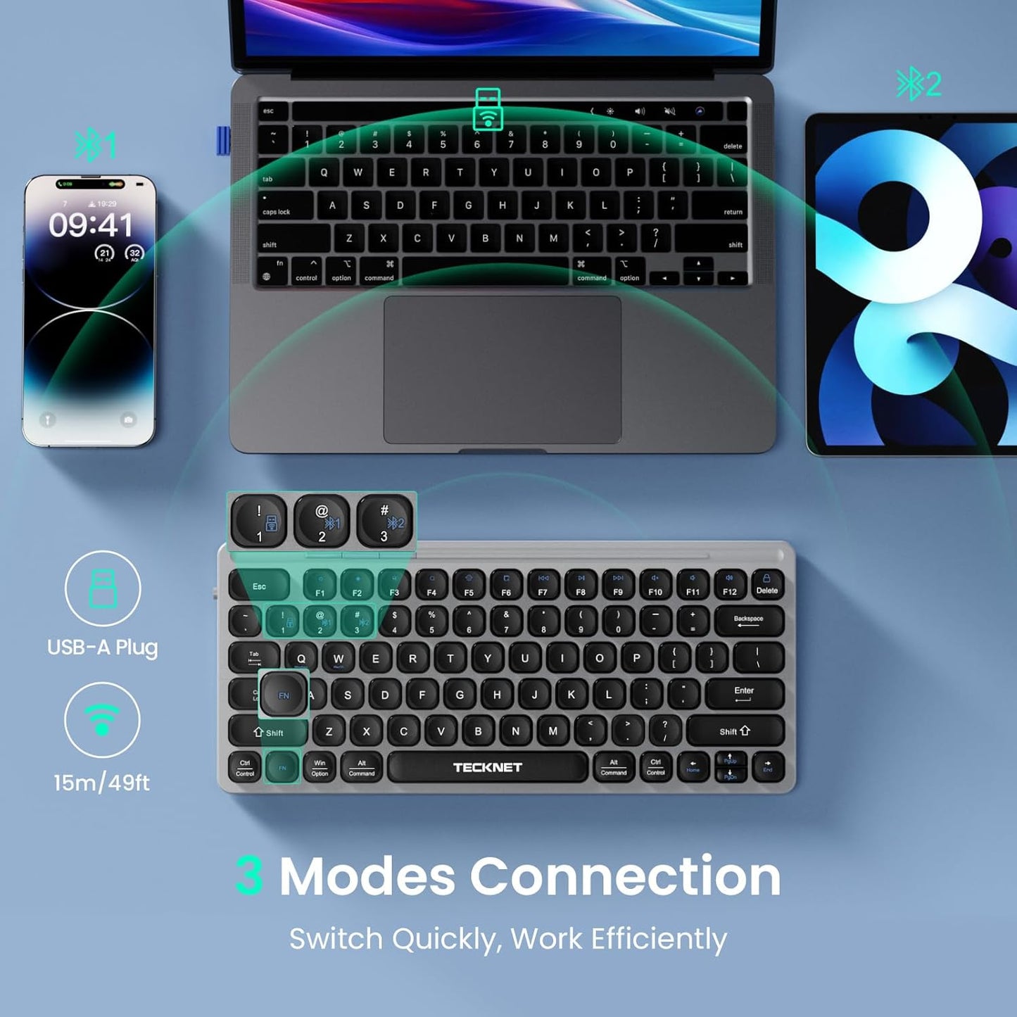 TECKNET (2.4G+BT 5.0), Wireless Bluetooth Keyboard, Slim Rechargeable Keyboard Multi-Device Easy-Switch, Quiet Typing