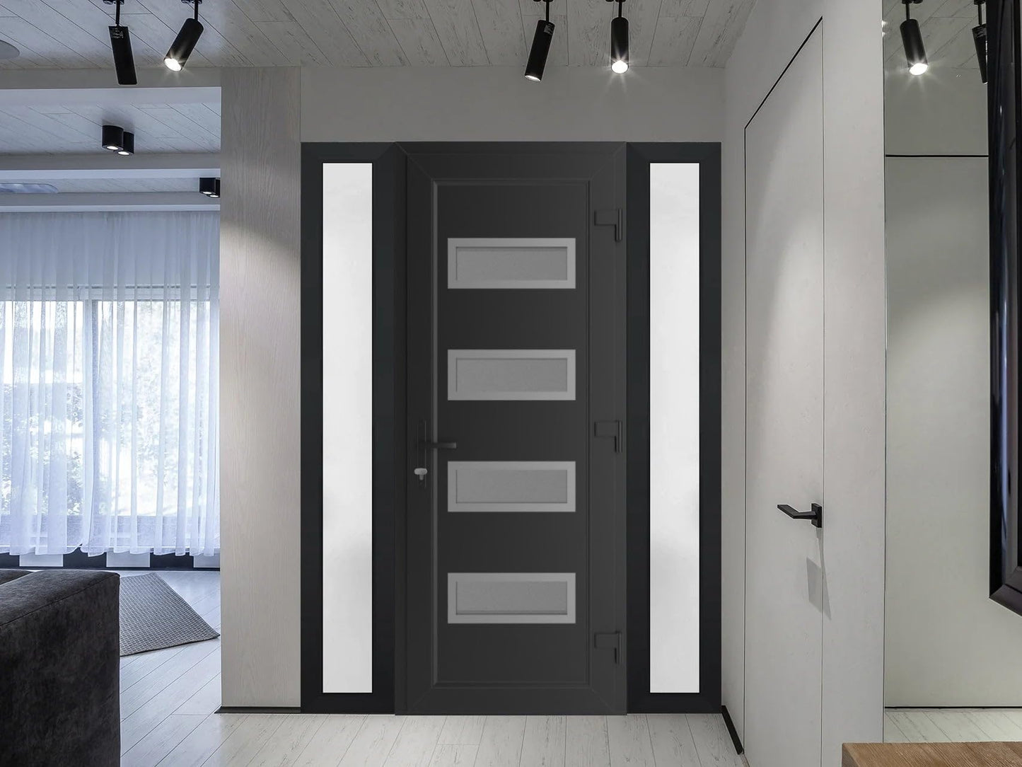 VDOMDOORS Front Exterior Prehung Metal-Plastic Door Frosted Glass | Manux 8113 Matte Black | 2 Side Sidelite Transoms | Residential Doors Entrance Patio Garage 68 x 80 (W16+36+16 x H80) Left-Inswing