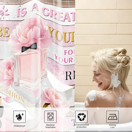AZHM Shower Curtain Set - Pink Floral Design with Inspirational Quotes | 4-Piece Bathroom Decor