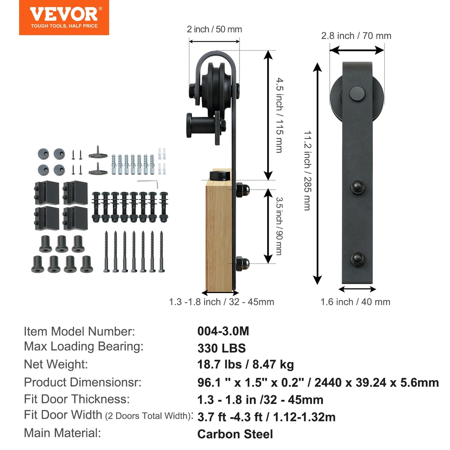 VEVOR 8FT Sliding Barn Door Hardware Kit - 330LBS Heavy Duty Double Door Track, Smooth & Silent Pulley System, Fits 2 Door Panels (3.7-4.3FT Total Wide, 1.3"-1.8" Thick)