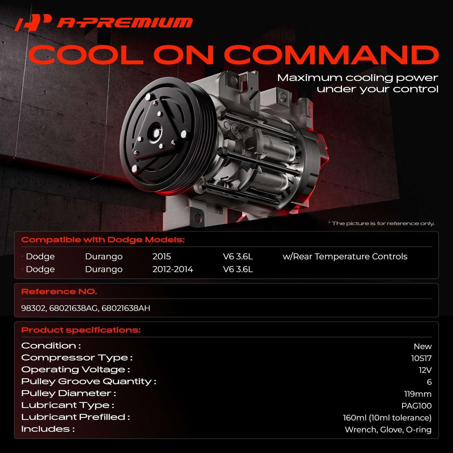A-Premium Air Conditioner AC Compressor with Clutch Compatible with Dodge Durango 3.6L 2012-2015, with Rear A/C Only