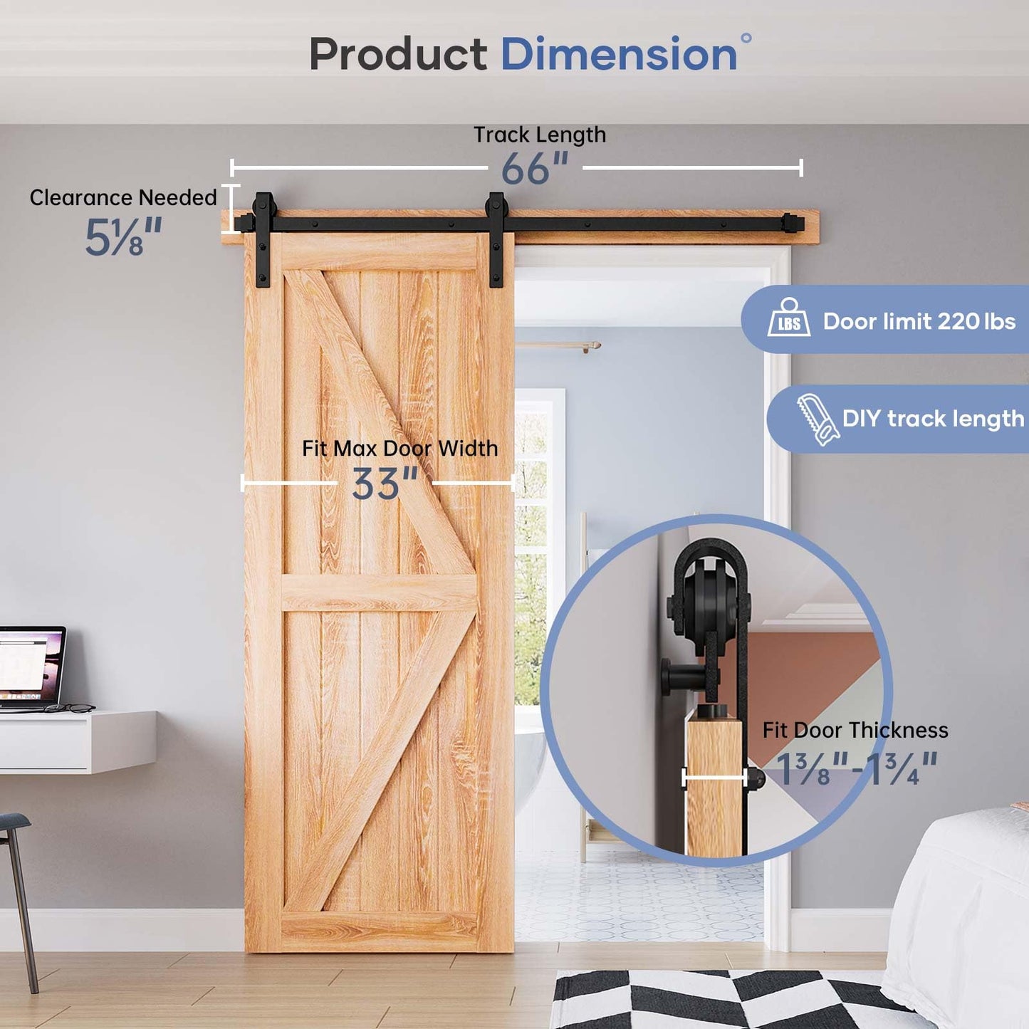 EaseLife 5.5 FT Heavy Duty Sliding Barn Door Hardware Track Kit,Basic J Pulley,Slide Smoothly Quietly,Easy Install (5.5FT Track Kit for 30"~33" Wide Single Door)