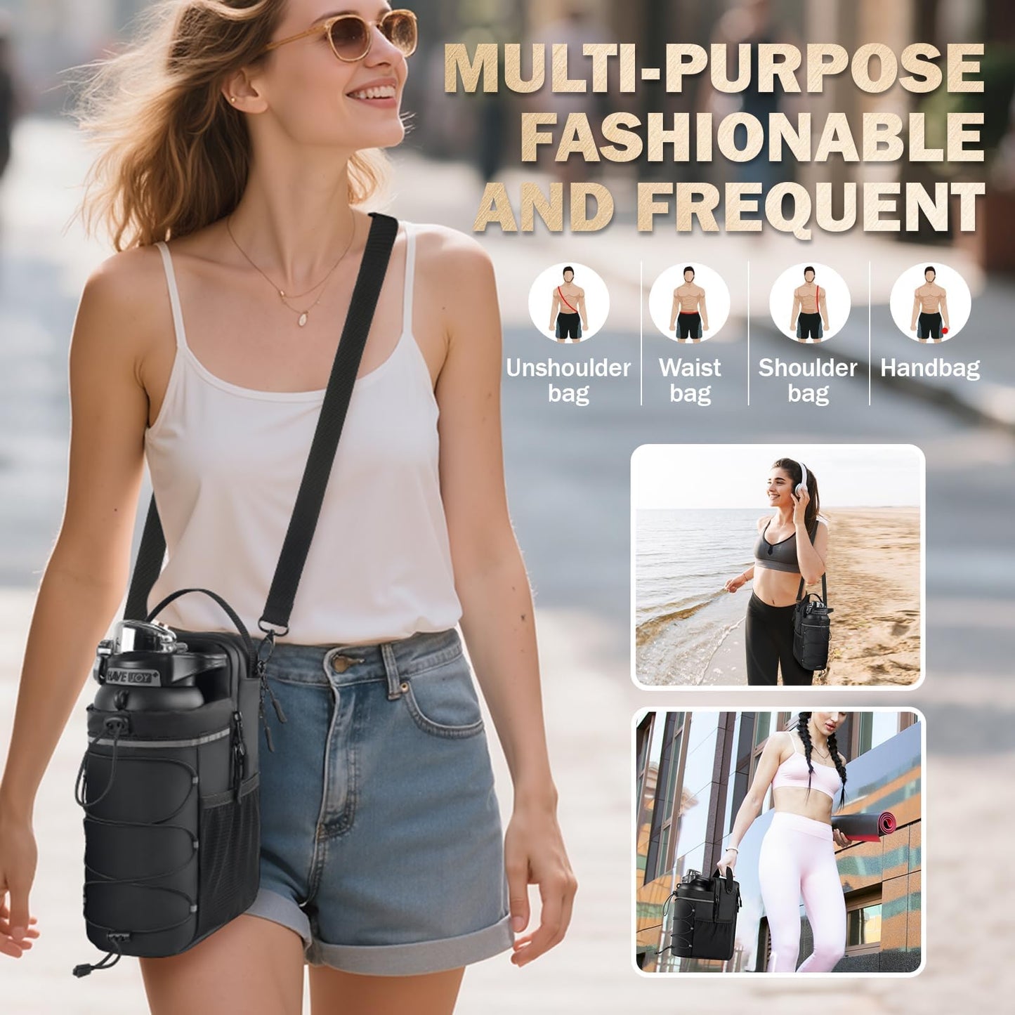 Magnetic Gym Bag 25-64oz Water Bottle Holder with 4 Strong Magnets, Crossbody Sling Water Bottle Carrier with Phone Pocket for Men Women, Gym Accessories for Workout Fitness Hiking Travel Camping