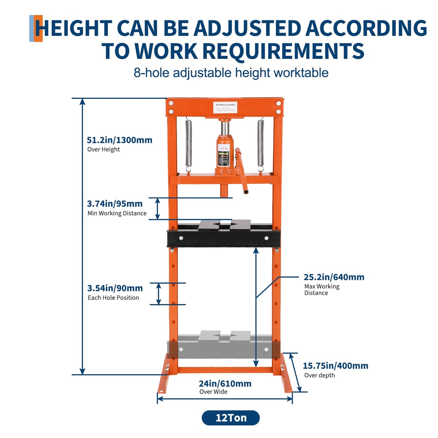 Garvee Hydraulic Shop Press, 12 T H-Frame Garage Floor Shop Press Adjustable Hydraulic Press with Press Plates, Orange