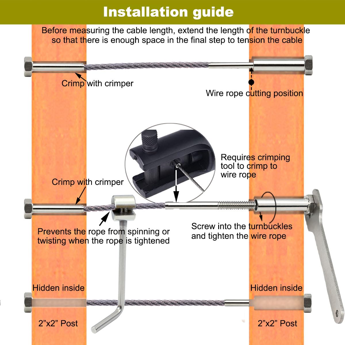 Sowtowe Stainless Steel Cable Railing Hardware Kit, Square Headed Outer Hexagon Kit with 1/8 Turnbuckle Tensioner and Fixed Terminal for 2x2 Wood & Metal Post Cable Railing System, 20 Pairs