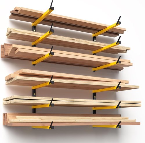 GREENER Lumber Storage Rack - Heavy-Duty Wall-Mounted Wood Organizer | 3-Level Design for Indoor & Outdoor Use, Yellow