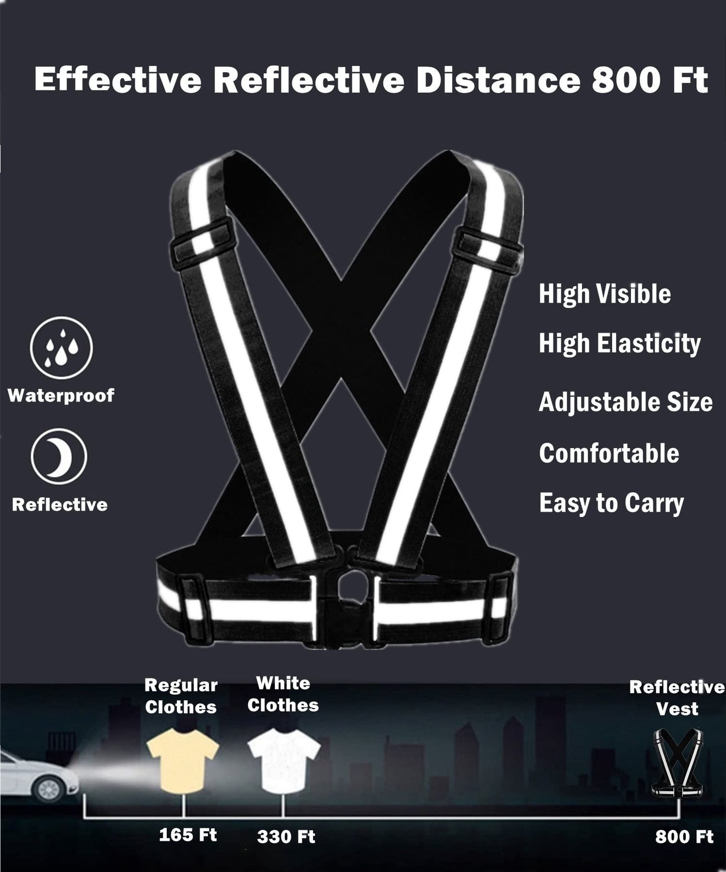 YUNLOVXEE Reflective Strap Safety Vest Gear - 2-10 Pack Adjustable High Visible Reflective Running Gear for Women Men Night (Black x2)