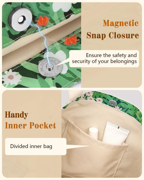 Miss Adola Aesthetic Cotton Tote Bag for Women - Reusable Grocery Bag with Buckle Green Three Cats Fabric Shoulder Bag for Shopping, Gym, Travel, Work