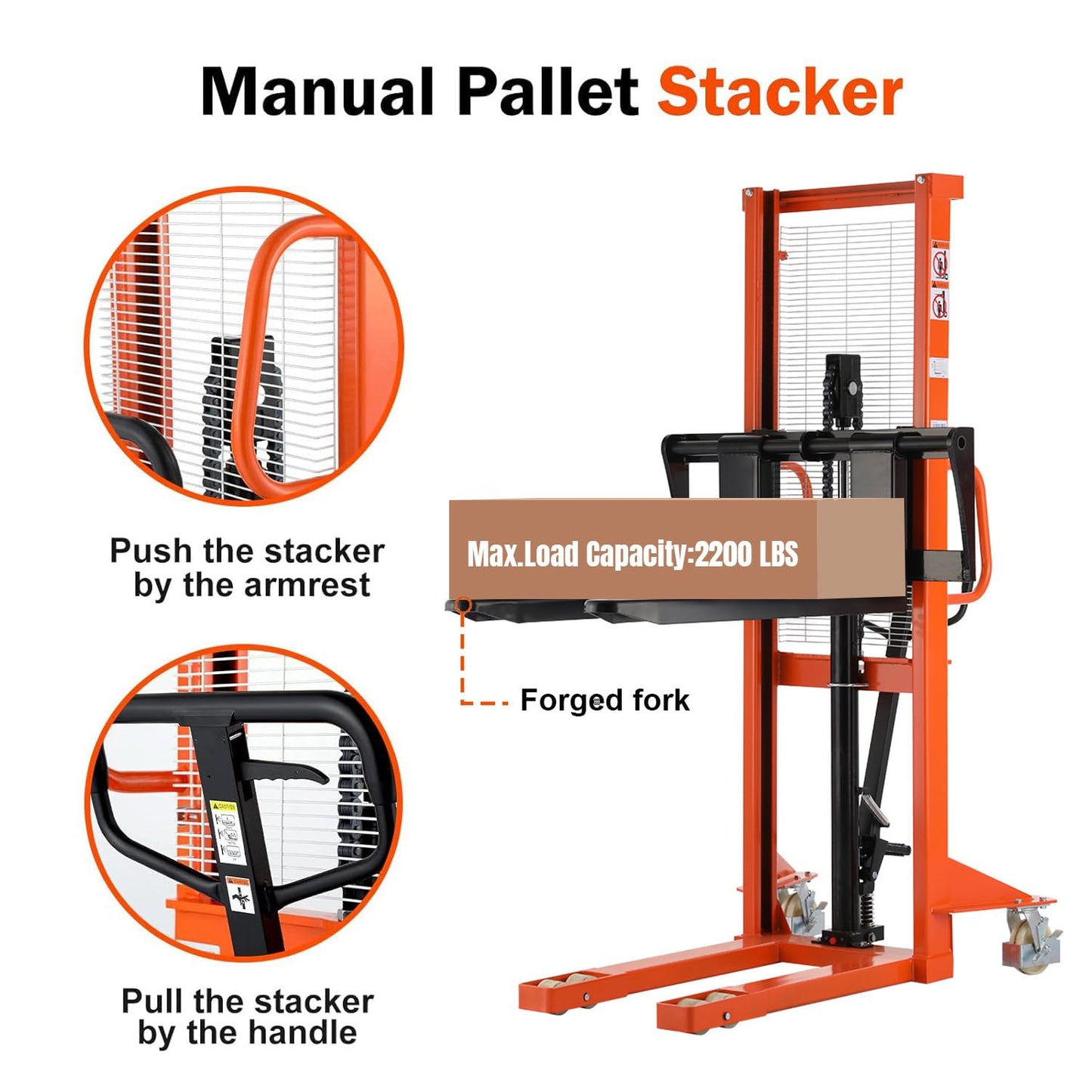 Tory Carrier Material Lift, Manual Pallet Stacker 2200 lbs Capacity, 63” Lifting Height Hydraulic Truck with Adjustable Forks Suitable for Open Bottom Pallets