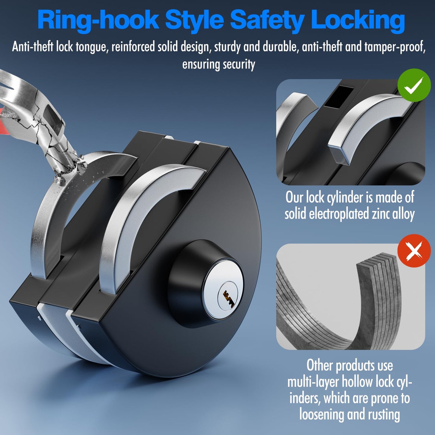 Ranbo Frameless Double-Sided Glass Door Lock,Clamp-On No-Drill,304 Stainless Steel,for 3/8"–1/2"(10–12mm) Sliding Door—for Office,Storefront,3 Keys,Matte Black—Double Swing Door Floor Lock Required