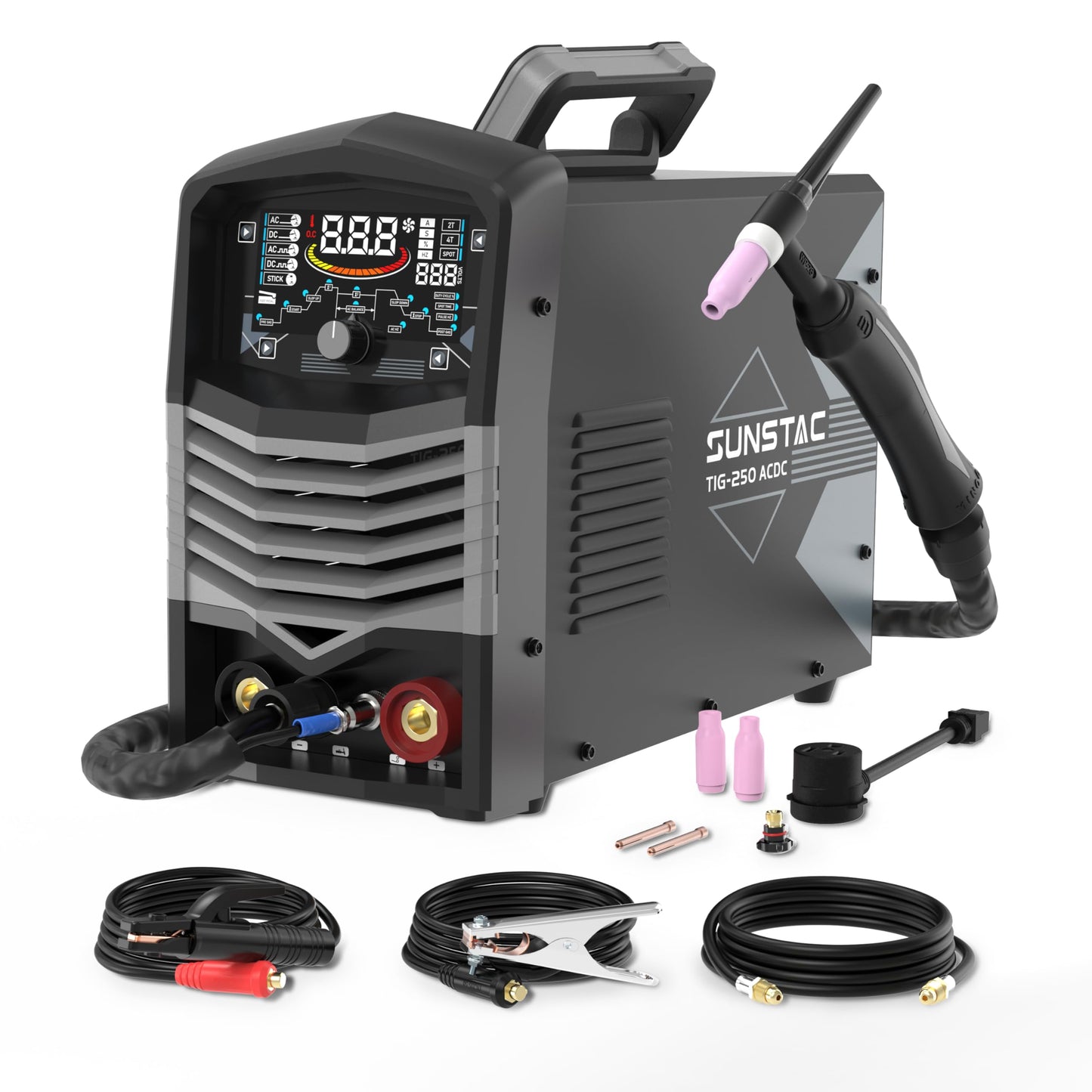 Sunstac 250A AC/DC Aluminum TIG Welder with Pulse, 110V/220V Dual Voltage TIG Welding Machine with DC TIG/AC TIG/Pulse TIG/SPOT TIG/Stick