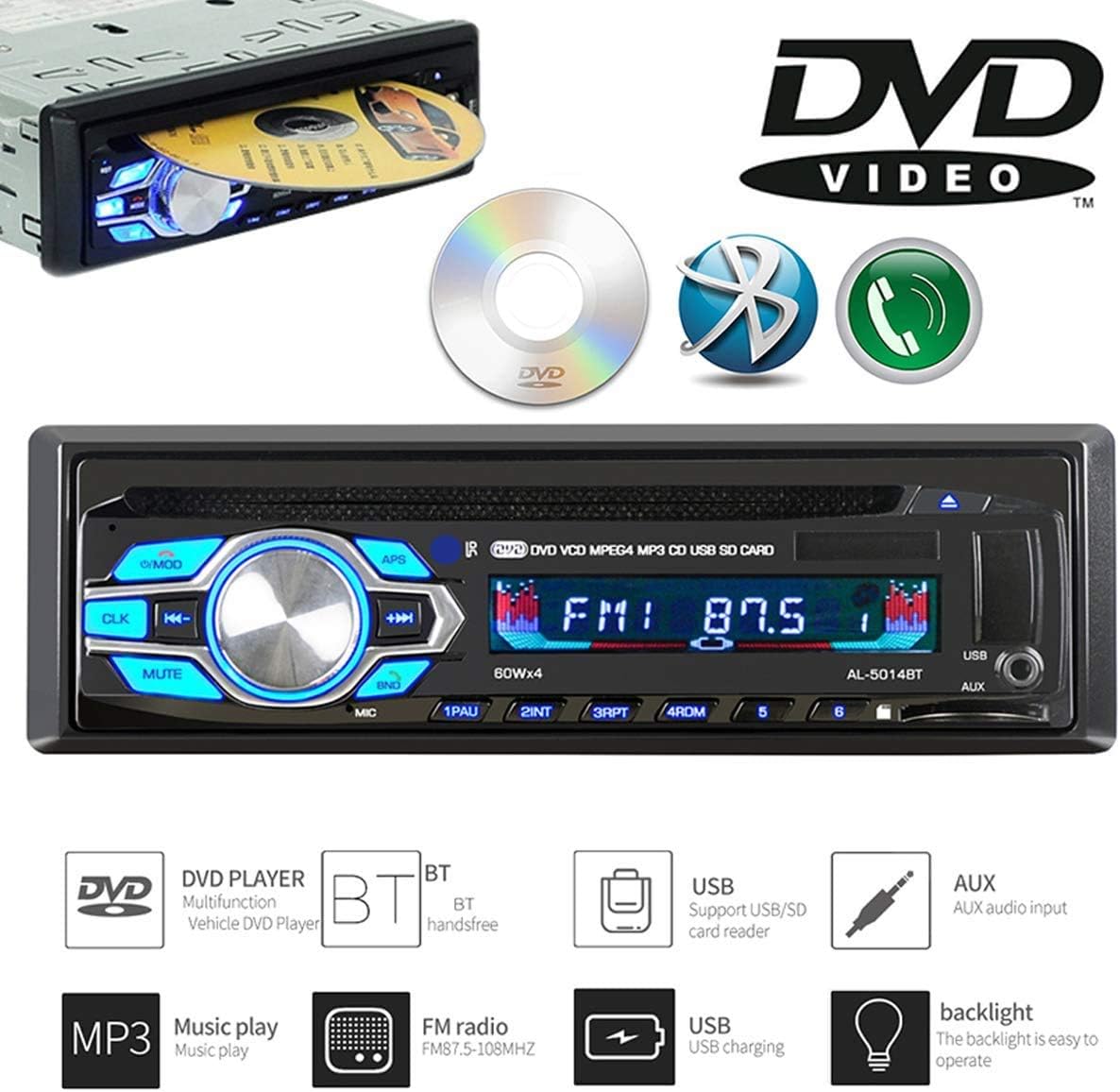 Eaglerich 1Din 12V MP3 4 45W MP3 2 Car DVD CD Player Vehicle Car Stereo Handfree Call Autoradio Bluetooth Aux-in FM USB
