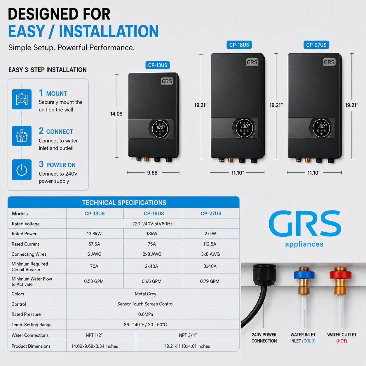 GRS Tankless Water Heater Electric 27KW 240V | Easy to Install Electric Heater with Digital Display | Whole House Water Tank for Shower, Kitchen, Bathroom, Sink, and more