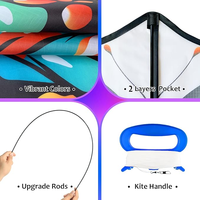 HONBO Butterfly Kites for Kids & Adults,55" x 28" Large Beginner Kite for Kids Ages 4-8,Easy to Fly for Beginners, Each Kite with 300ft Line Handle,Beach Kites for Outdoor Activities & Family Trip