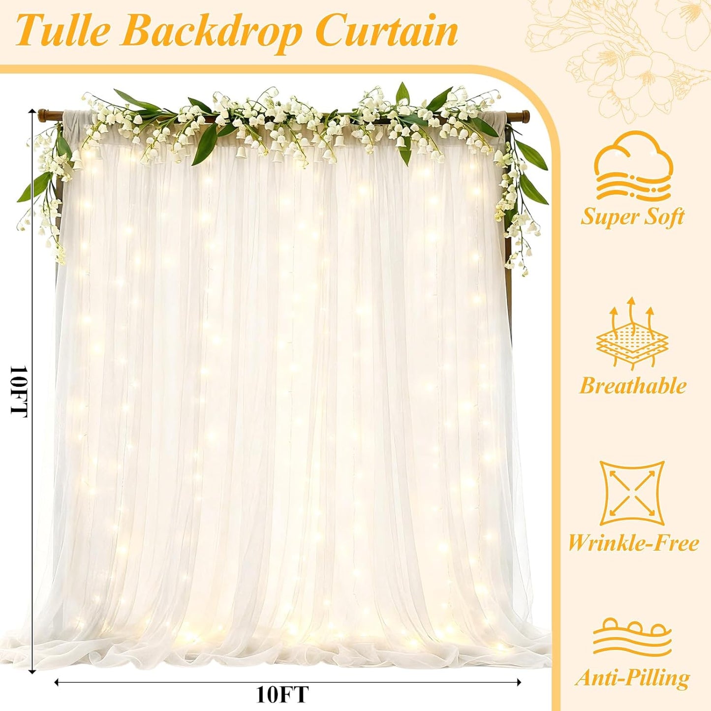 Ledido 1010ft 300LED Decoration(2 510ft)White White Tulle Backdrop Curtains with Lights String - Fairy Lights Sheer