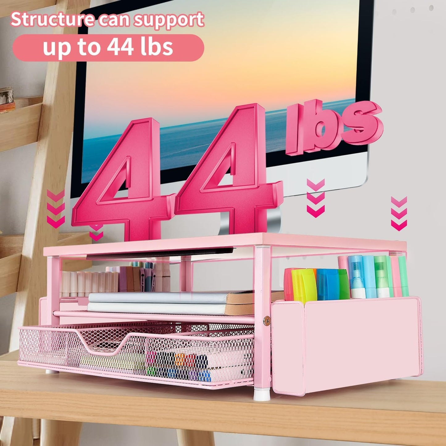 2-Tier AUPSEN Pink Desk Organizers and Accessories, Wood Computer Monitor Stand with Drawer, Pen Storage & Phone