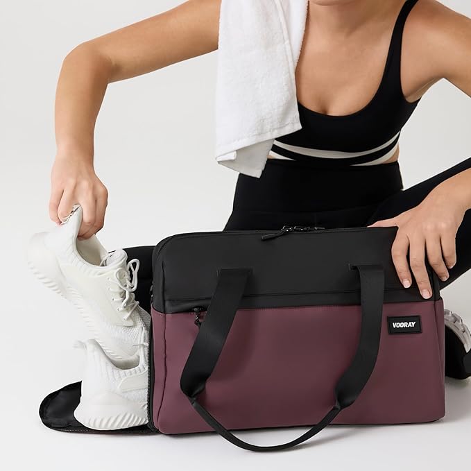Vooray 25L Trainer Duffel Bag Rose ??Lightweight Travel Duffel for Women and Men with Shoe Pocket, Workout Bag, Weekender for Overnight, Football, Traveling, or Hospital Use