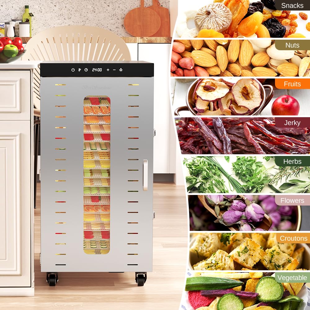 BriSunshine 20-Tray Commercial Food Dehydrator Machine, 24H Timer, 1600W Large Stainless Steel Dehydrators for Meat Jerky, Dog Treats, Fruits