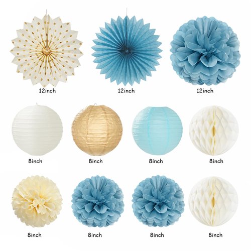 Light-Dusty Blue Boho Baby Shower Party-Decorations - 21pcs Beige Champagne Boy Neutral Welcome Baby Banner Decor,Paper Lanterns Pom Poms Fan Supplies,Streamers Garland Wall Backdrop Favors Huglony