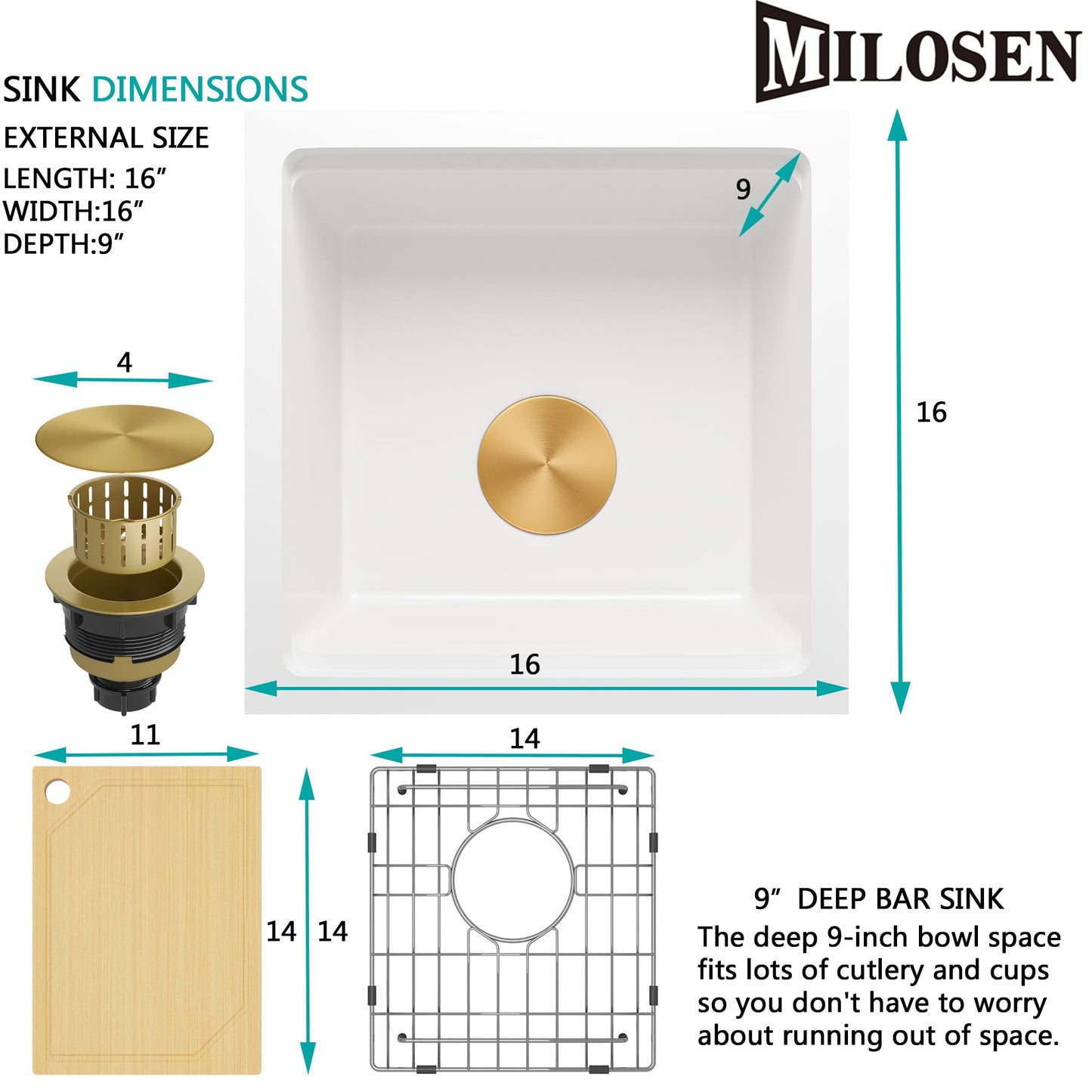 MILOSEN White Undermount Bar Sink, 16×16 Inch Small White Granite Composite Wet Bar or Prep Sinks with Cutting Board, 9 Inch Deep Outdoor Single Bowl Small Workstation Sink with Gold Accessories