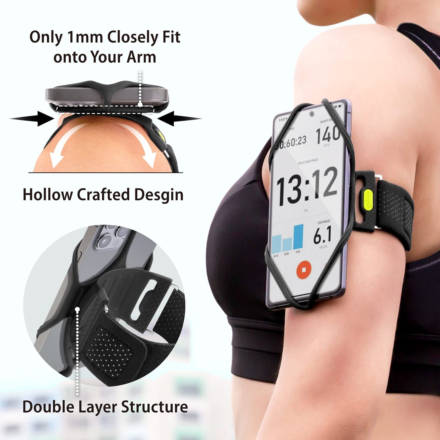 BONE Run Tie 2, Running Phone Holder, Skin-Friendly Silicone Sport Armband with Dual Layer Design for Heat-Dissipation, Workout Phone Carrier for Most Smartphones (S Arm Size/7.9-9.8 inches)