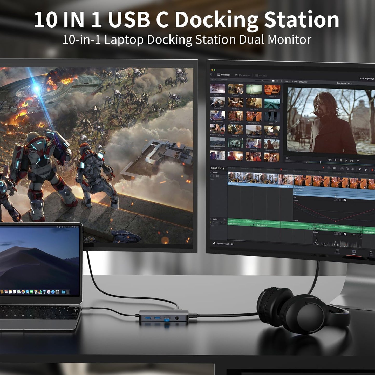 YUANSHAN 10-in-1 4K 100W 1 3.0, 2 2.0, 3.5mm Docking Station Dual Monitor, USB C Hub with Dual HDMI, VGA, PD, x USB x