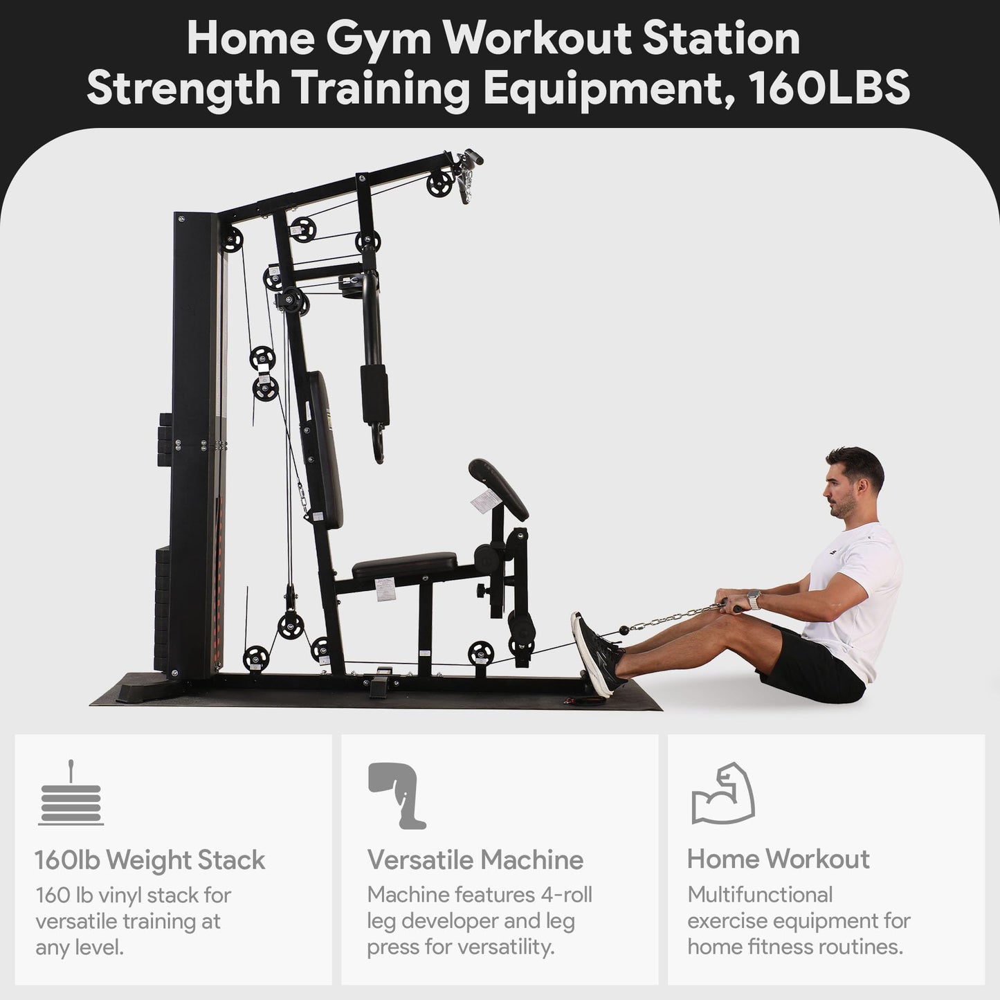 BalanceFrom Multifunctional Steel Frame Home Gym Machine with Floor Mat – Strength Training Workout Station with 160-Pound Weight Stack, Lat Pull & Low Row Bars, 4-Roll Leg Developer & Press