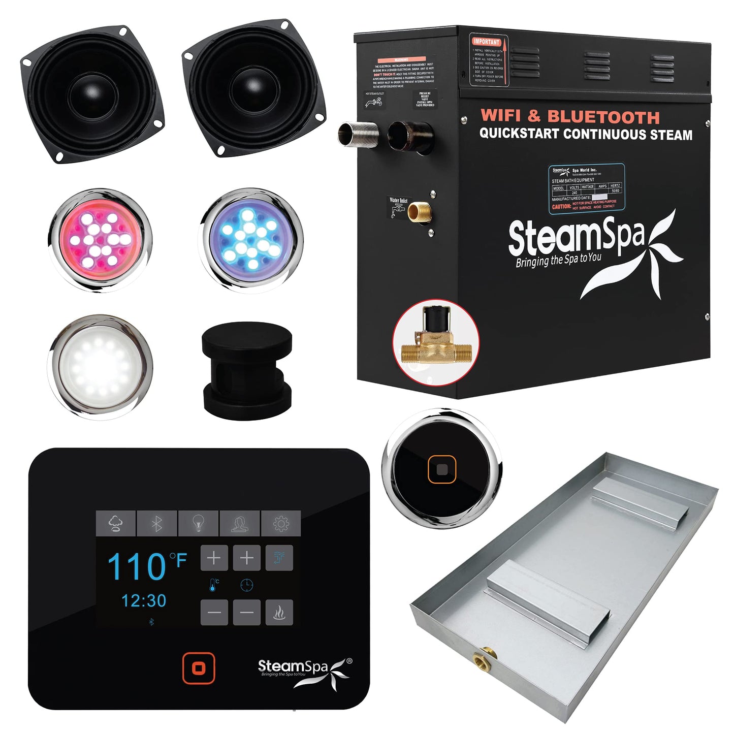 SteamSpa Generator with Quick Start Continuous Steam Technology, Wi-Fi, Bluetooth and Autodrain | 7.5kW Steam Generator with Black Steam Head with Aromatherapy Reservoir | RVB750BK-A