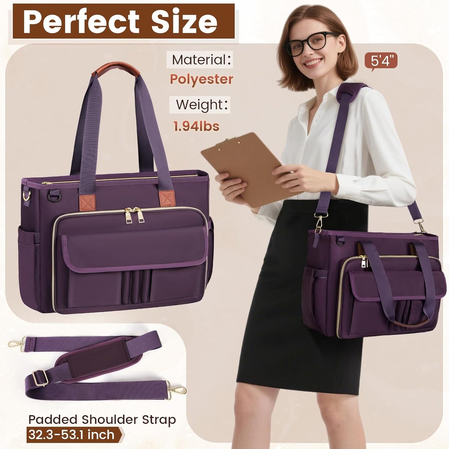 15.6 inch RAINSMORE Teacher Tote Bag Laptop Bag for Women Work Bags Nurse Bag Lightweight Laptop Tote Computer
